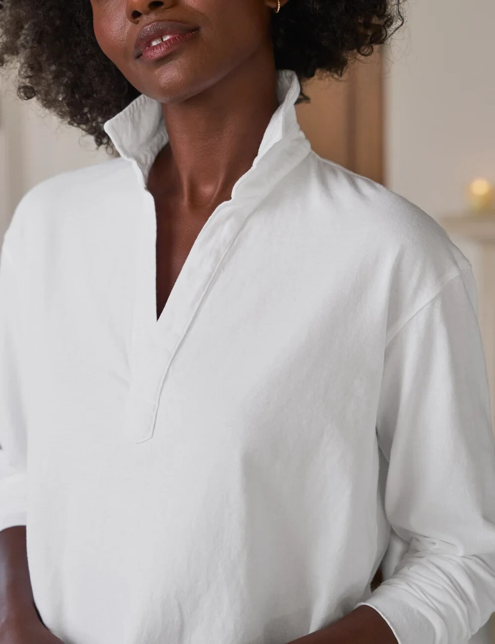 Frank & Eileen Patrick Henley NWOT Womens Large White V Neck Long Sleeve Cotton